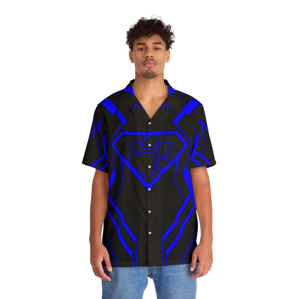 Superhero Hawaiian Shirt with Superpup Blue Design - People Front