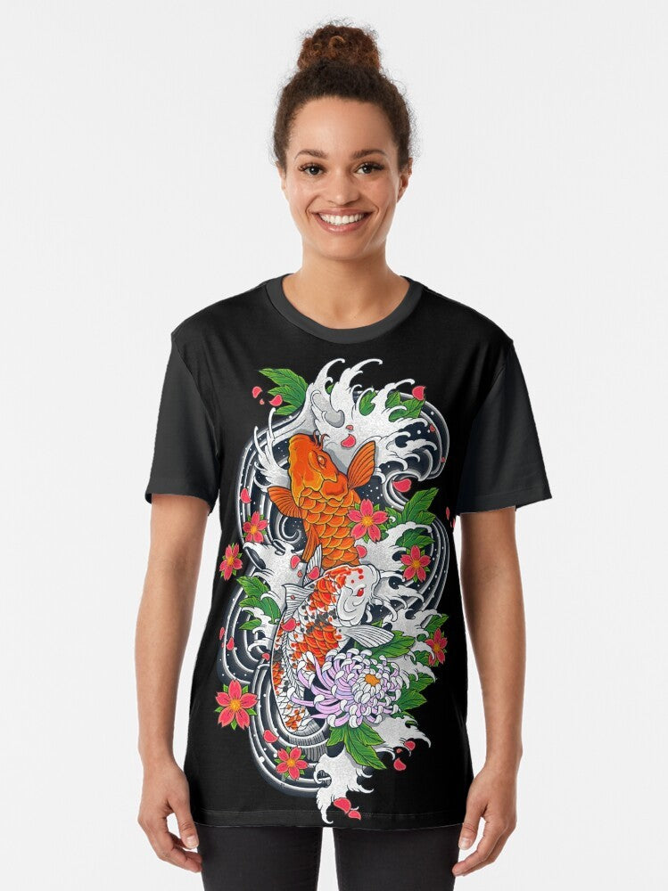 Artistic and unique koi fish pond graphic t-shirt with Japanese-inspired design - Women