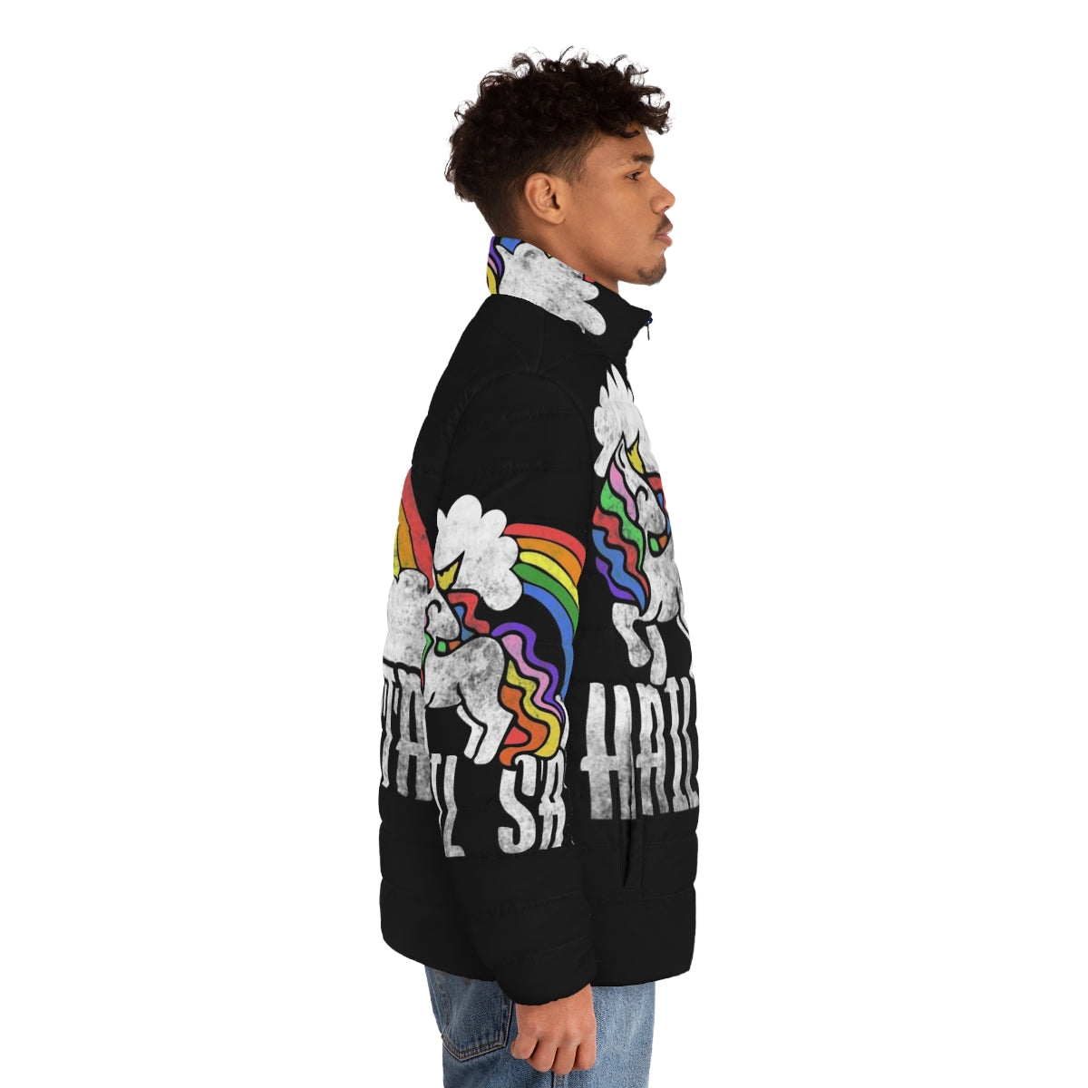 Retro rainbow unicorn puffer jacket with satanic design - men side right