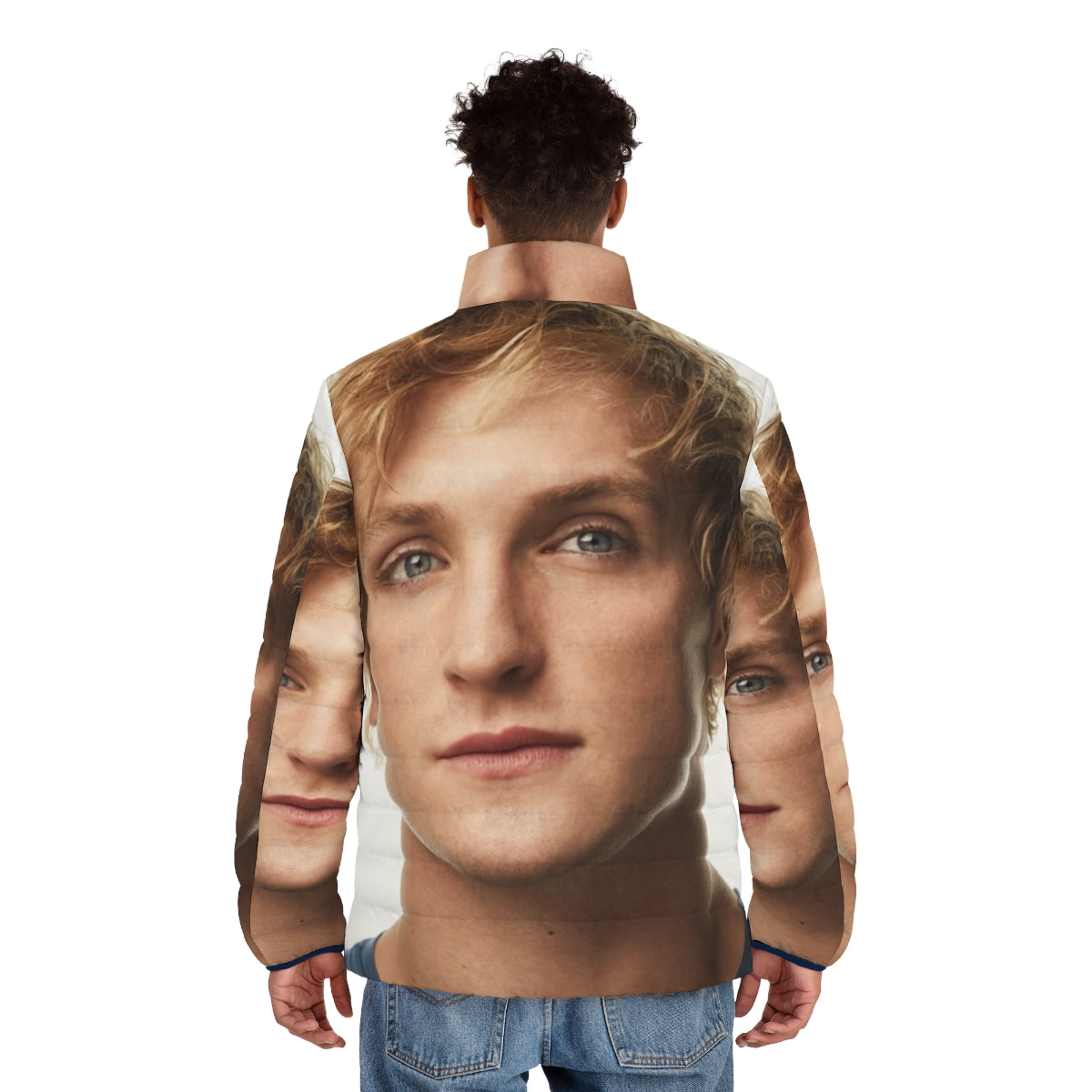 Logan Paul wearing his signature puffer jacket, focus keyword: logan paul puffer jacket - men back