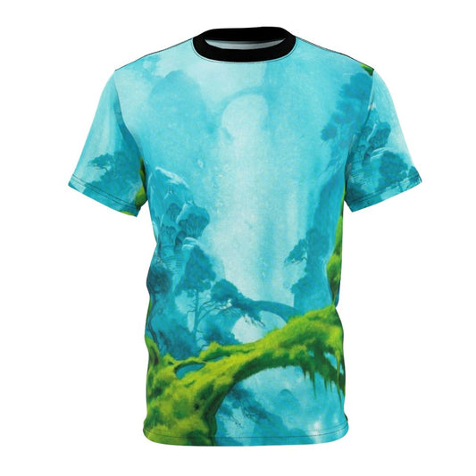 Breathtaking fantasy art t-shirt featuring Roger Dean's mesmerizing landscapes and otherworldly elements.