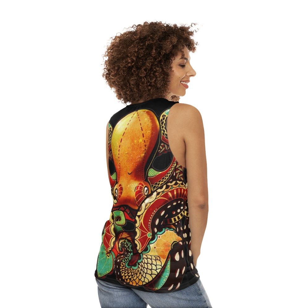 Unisex octopus tank top with nautical and tribal design - women back