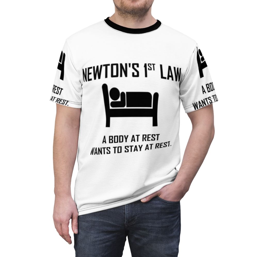 Funny physics t-shirt design featuring a humorous take on Newton's first law of motion - men front