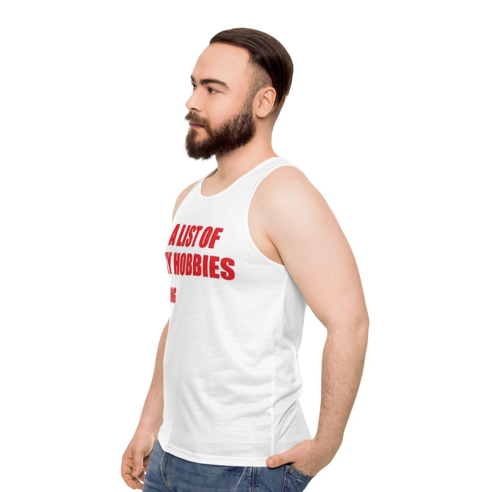 Unisex tank top with a list of hobbies lying design - men side