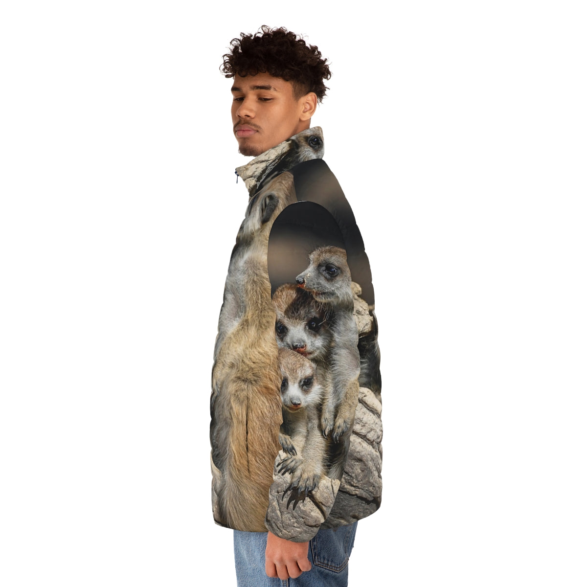 Meerkat Manor Puffer Jacket featuring meerkats in the Australian Hunter Valley - men side left