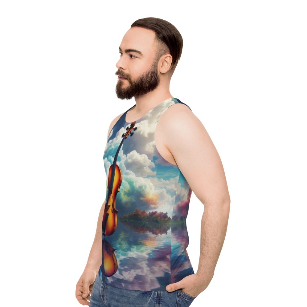 Unisex tank top with nature-inspired artistic landscape and melodic reflection - men side