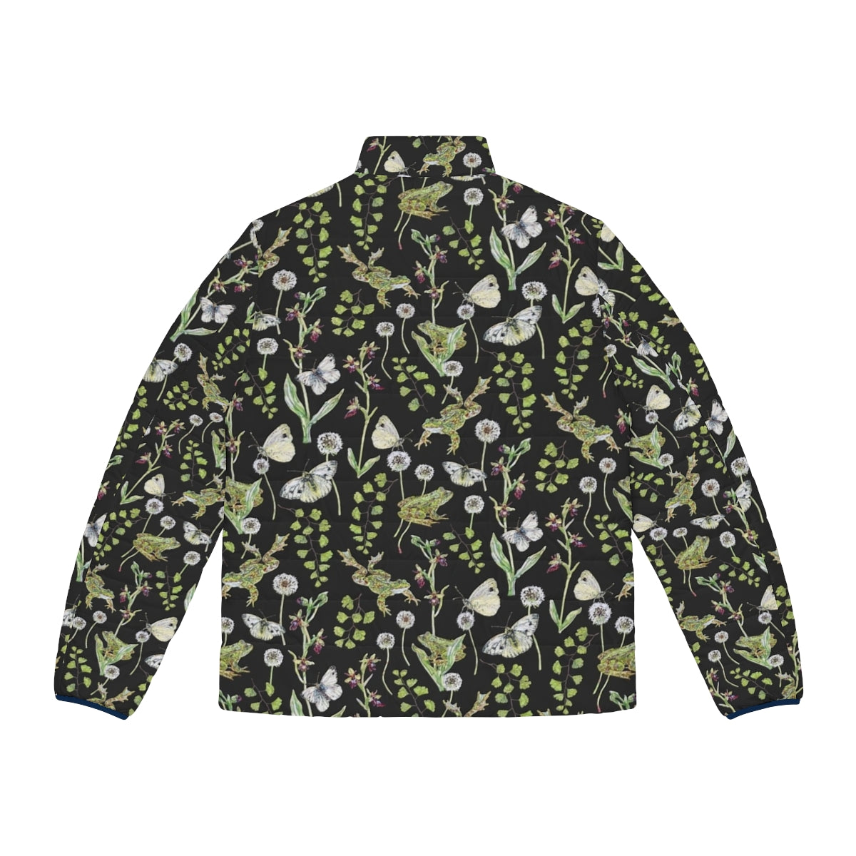 Puffer jacket with watercolor illustration of spring frogs and orchids - Back