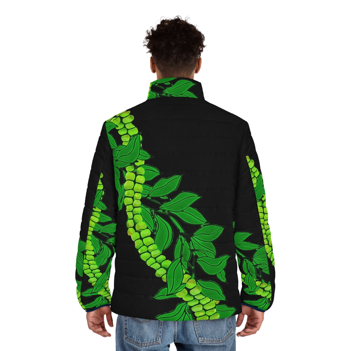 Woman wearing a Maile And Mokihana puffer jacket in a Hawaiian-inspired floral print - men back