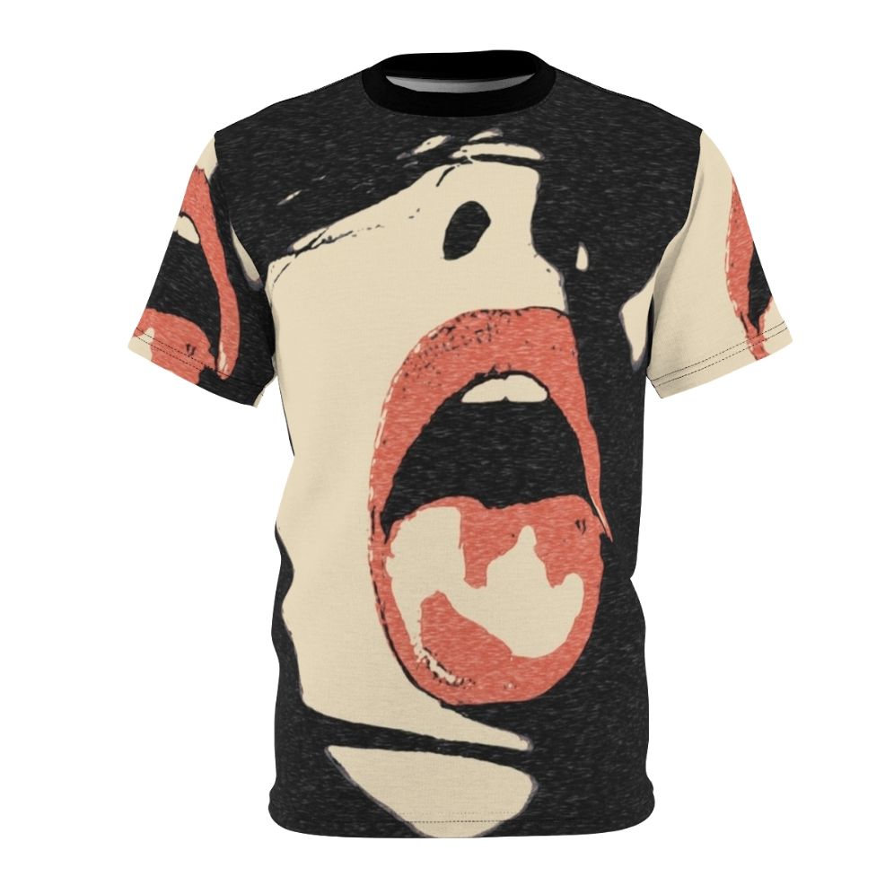 An abstract, artistic AOP t-shirt design featuring a naughty, seductive female figure in a dark, sensual style.