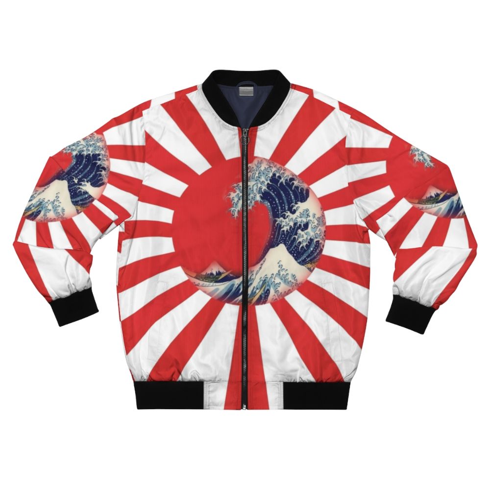 A bomber jacket featuring the famous 'Great Wave off Kanagawa' design by the Japanese artist Hokusai, with the rising sun motif.