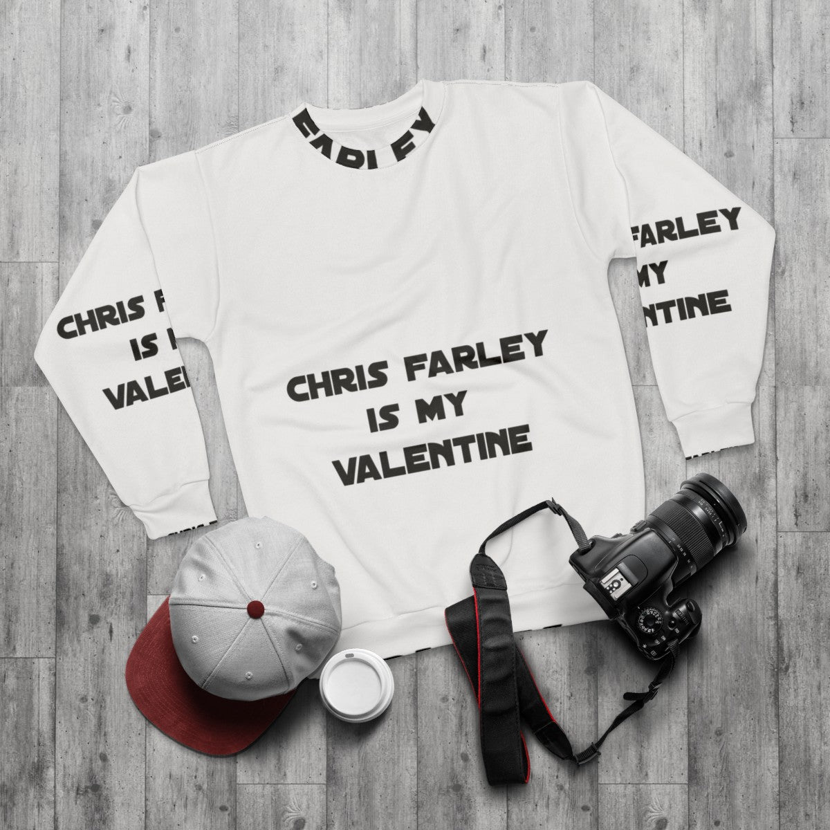 Retro Chris Farley themed sweatshirt with "Is My Valentine" text - flat lay