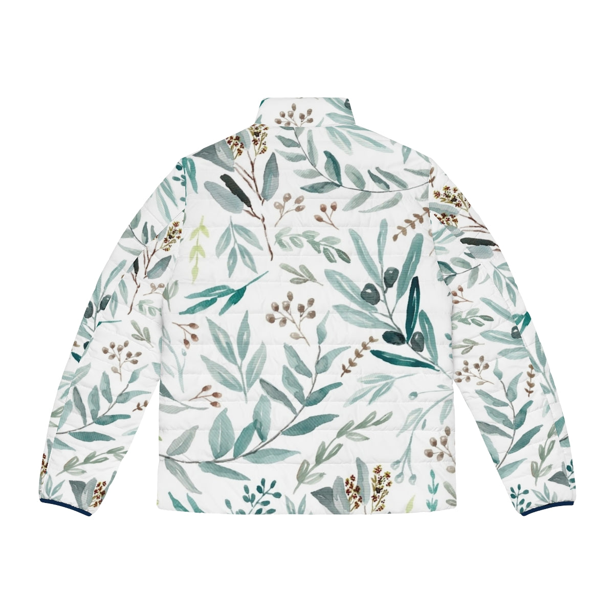 A green puffer jacket with a botanical eucalyptus leaves pattern, perfect for spring fashion. - Back