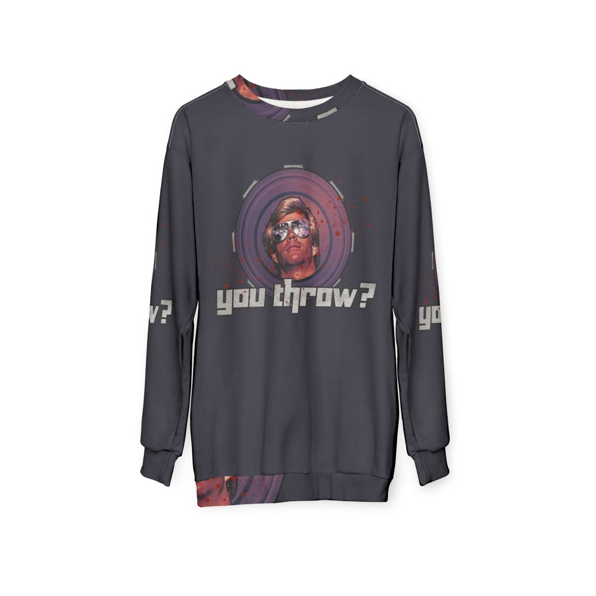 80s inspired "You Throw" sweatshirt with frisbee and action movie graphics - hanging