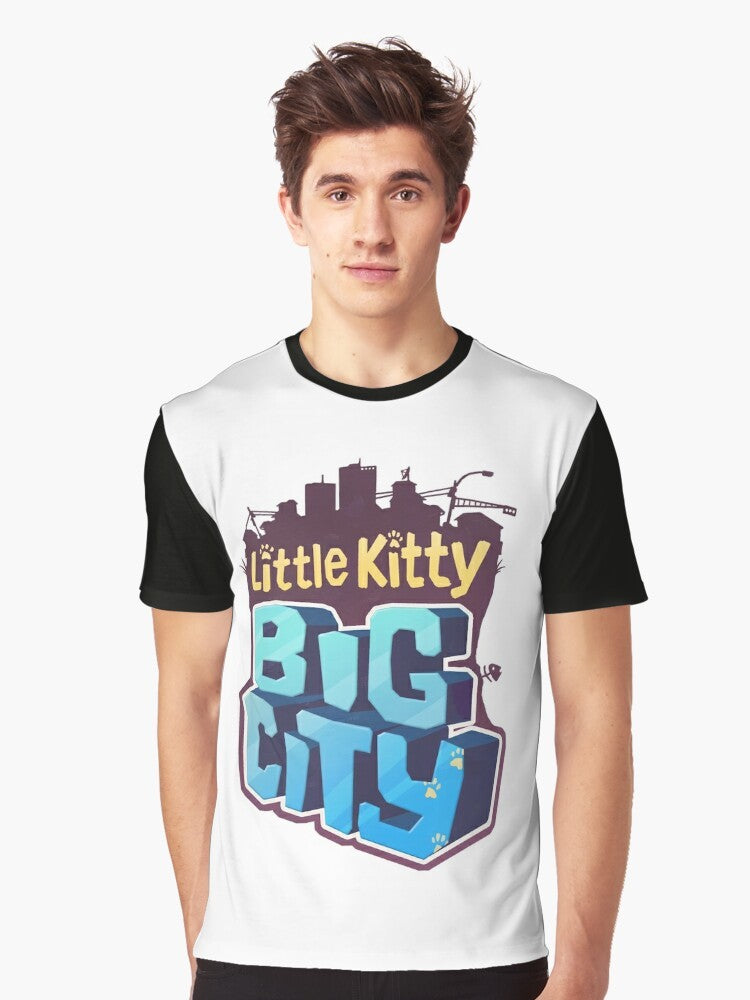 Little Kitty exploring the Big City in an adventure video game graphic t-shirt design - Men