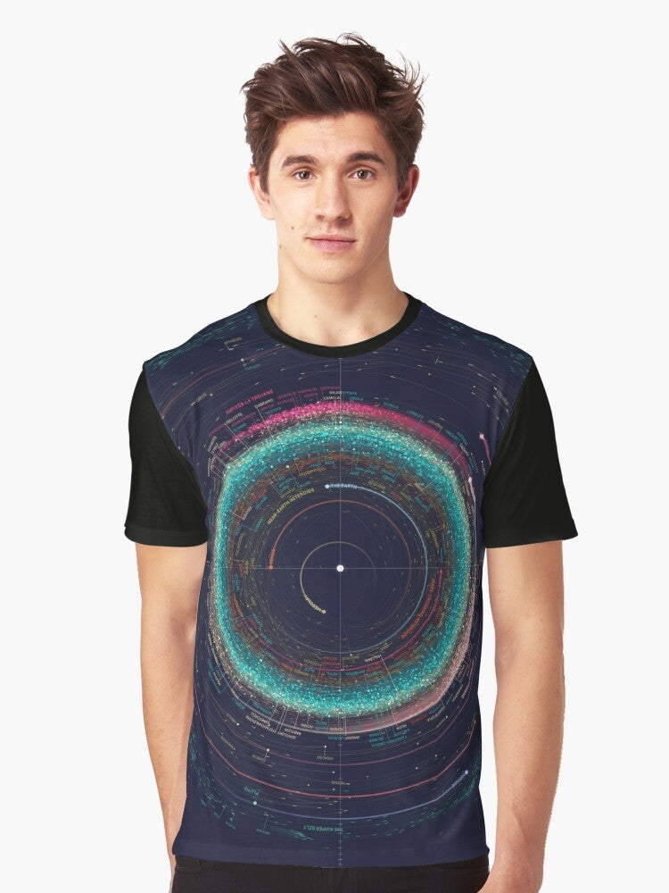 Asteroid Map of the Solar System Graphic T-Shirt featuring an infographic-style design of the planets, moons, and asteroids in the solar system. - Men