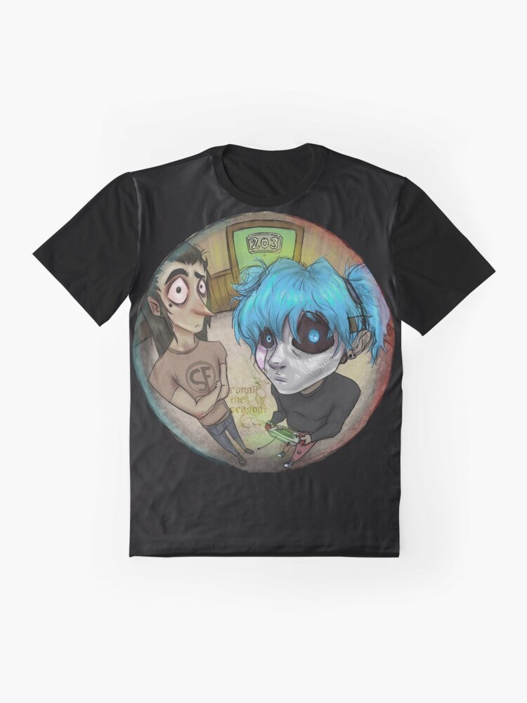 "Salloween 2 Empty Hallways Graphic T-Shirt featuring Sally Face characters" - Flat lay