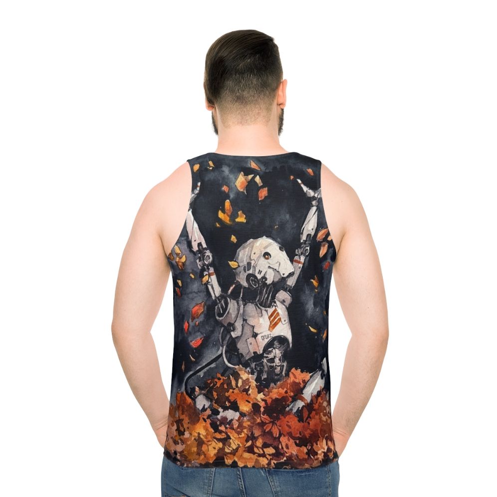 Autumn Fun Unisex Watercolor Tank Top with Nature Robot Design - men back