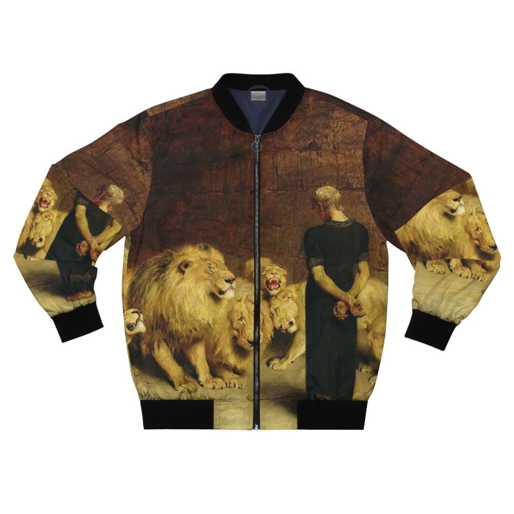 Vintage bomber jacket featuring a biblical scene of Daniel in the lions' den