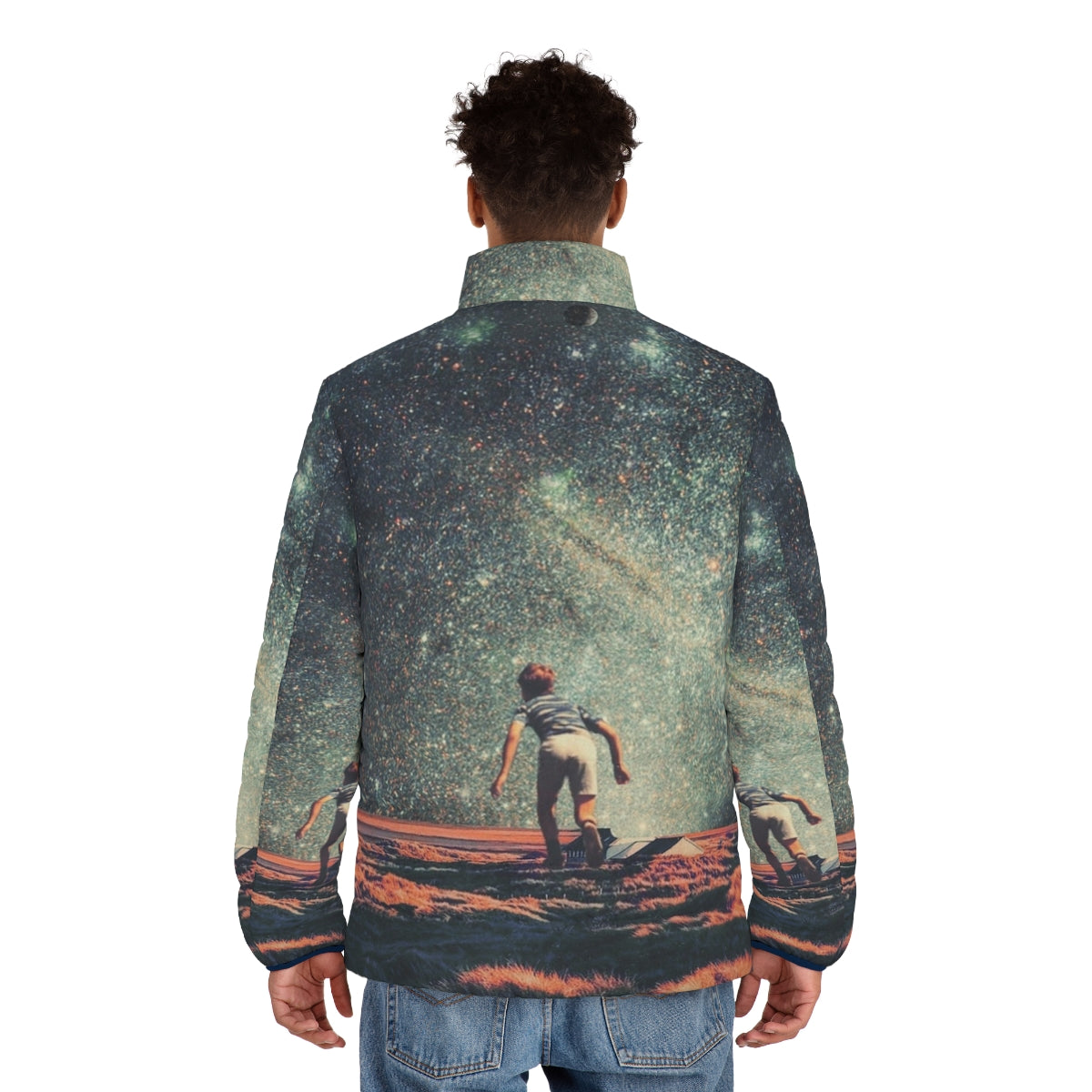 Nostalgic retro puffer jacket with pop art cosmic landscape design - men back