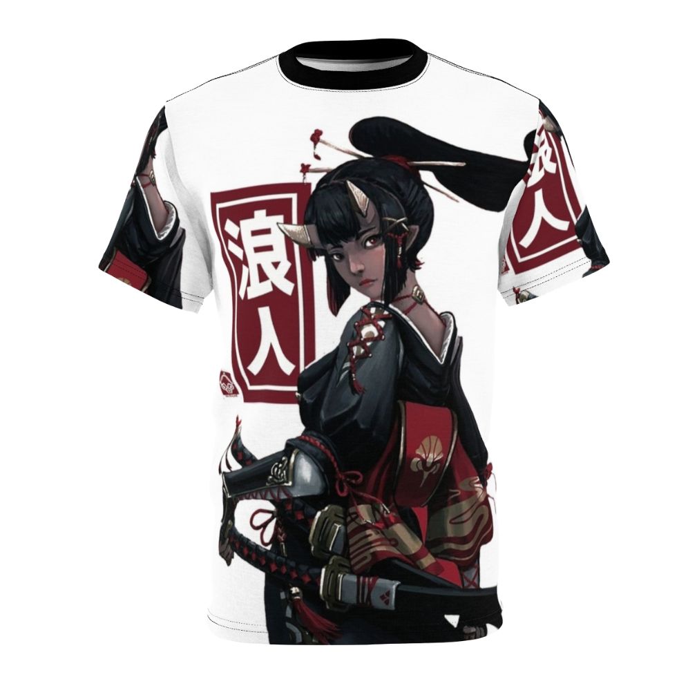 Japanese-inspired cyberpunk aesthetic t-shirt featuring ninja, samurai, and geisha elements