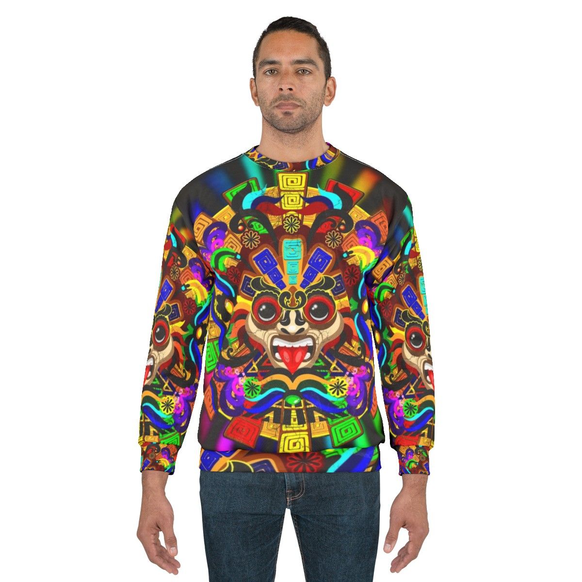 Aztec warrior mask sweatshirt with vibrant rainbow colors - men