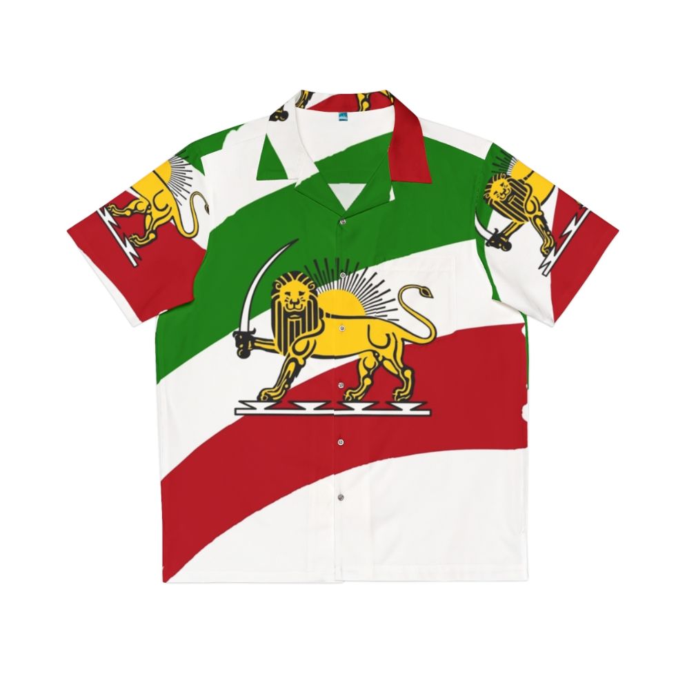 Iranian flag and lion design on a colorful Hawaiian-style shirt