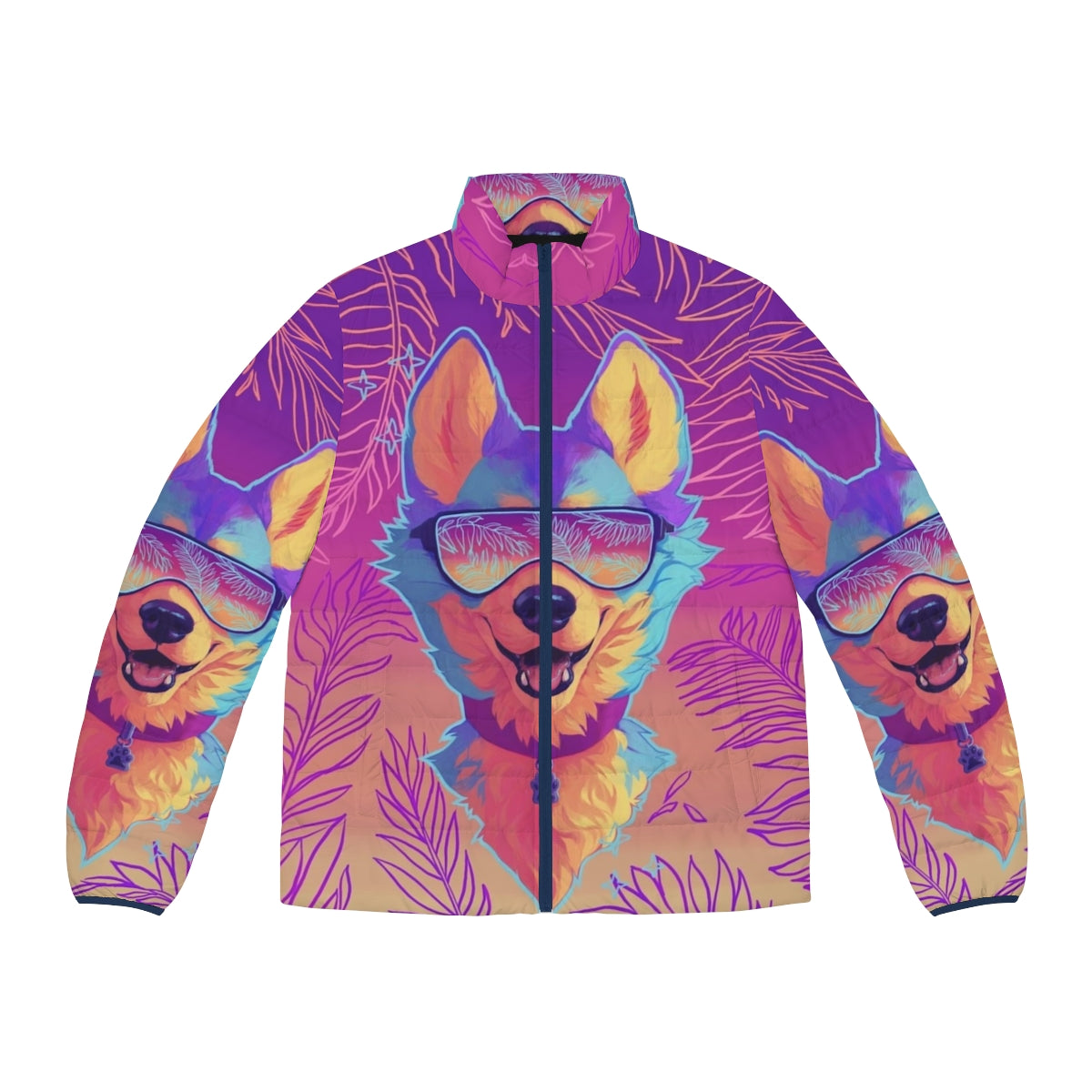 A vibrant and shimmering puffer jacket featuring an anthro sparkle dog design in a vaporwave aesthetic.