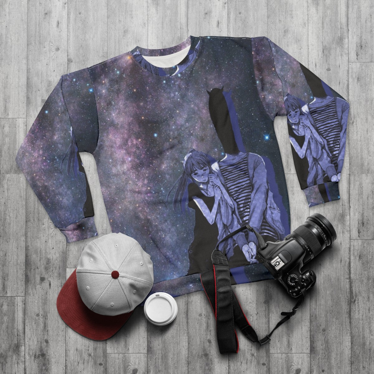 Galaxy night sky sweatshirt with Inio Asano's Punpun design - flat lay