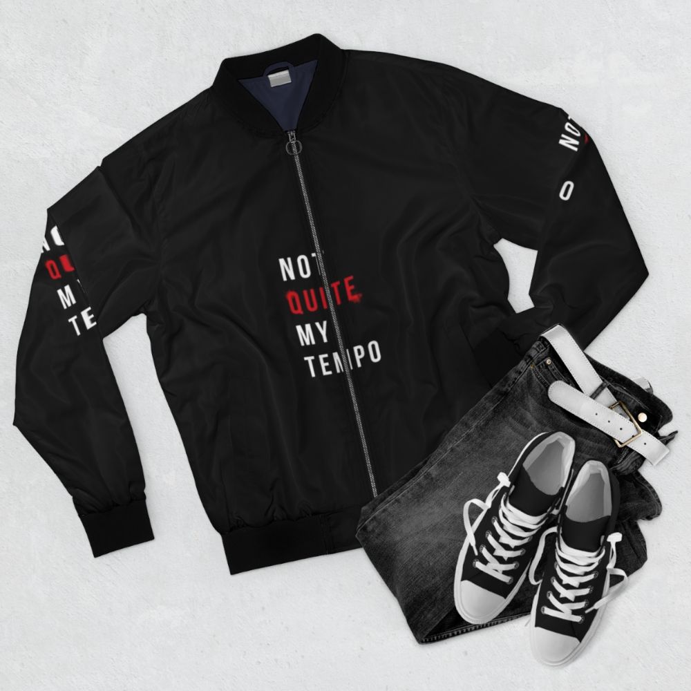 Whiplash "Not Quite My Tempo" Bomber Jacket featuring a dark, bold design inspired by the 2014 film - Flat lay