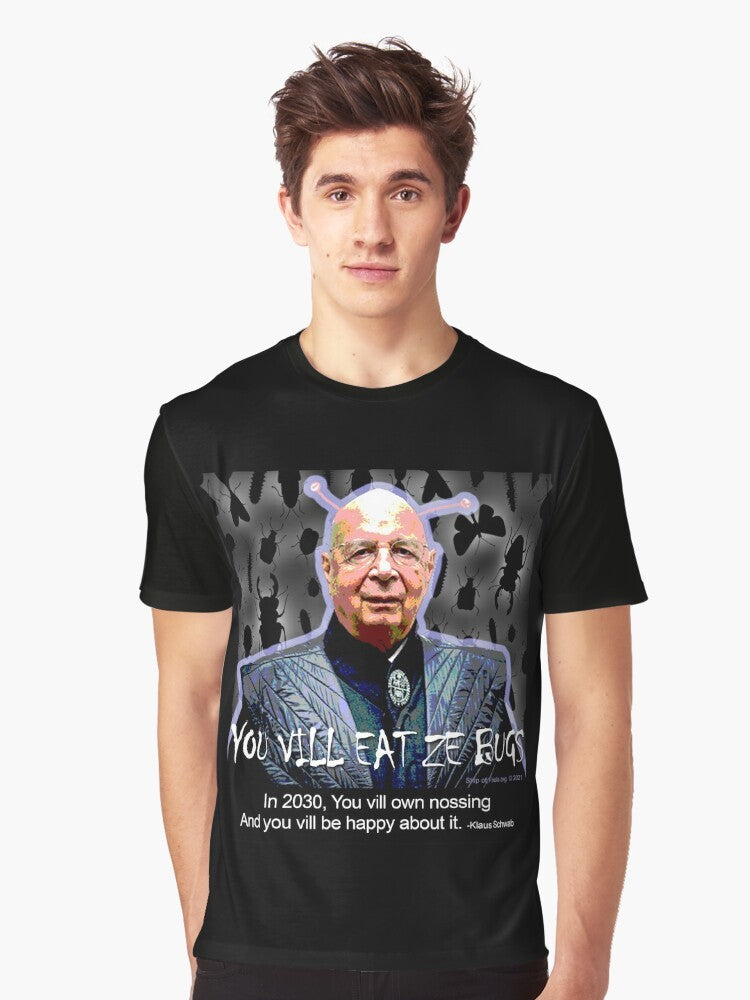 "You Will Eat the Bugs" graphic t-shirt design featuring Orwellian and new world order themes - Men