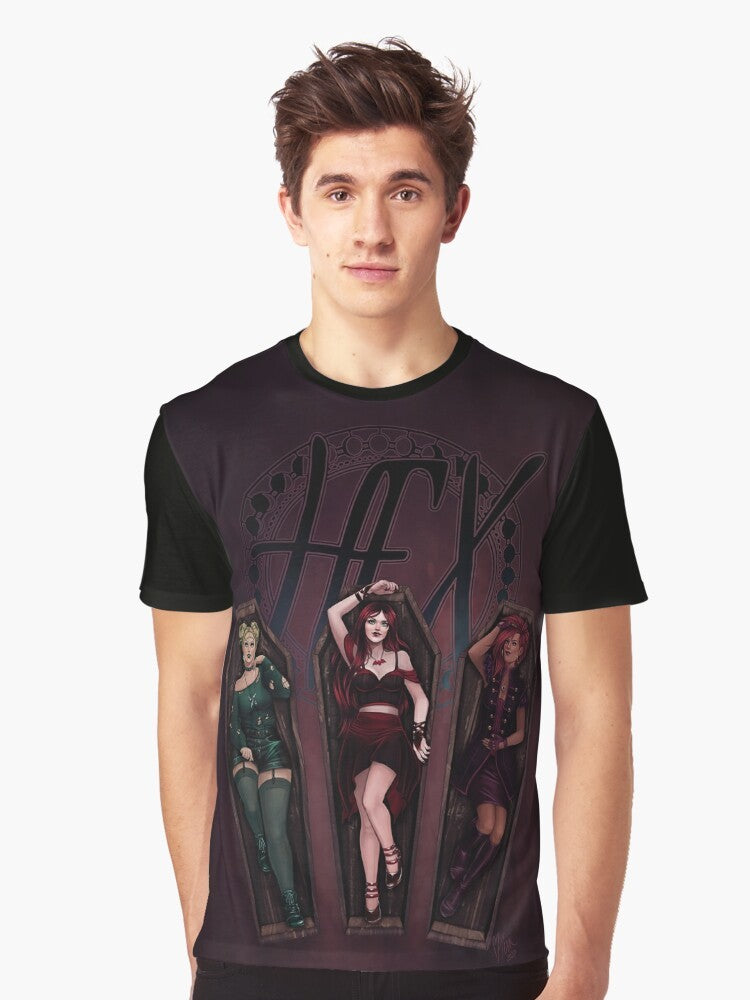 Spooky "Bad Dreams, Sisters" graphic t-shirt with hex, witches, coffins, and other dark, creepy elements - Men