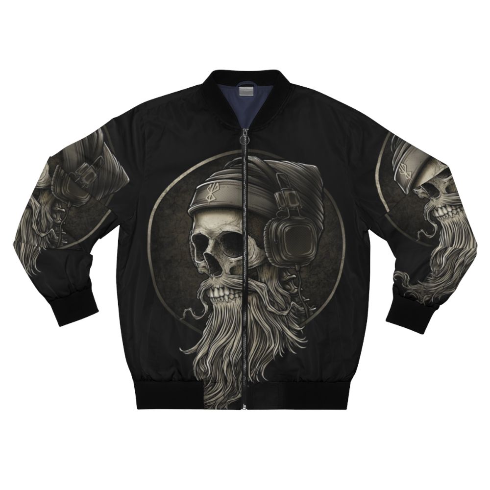 Vintage bomber jacket with bearded skull and headphone design, perfect for heavy metal fans and bikers.