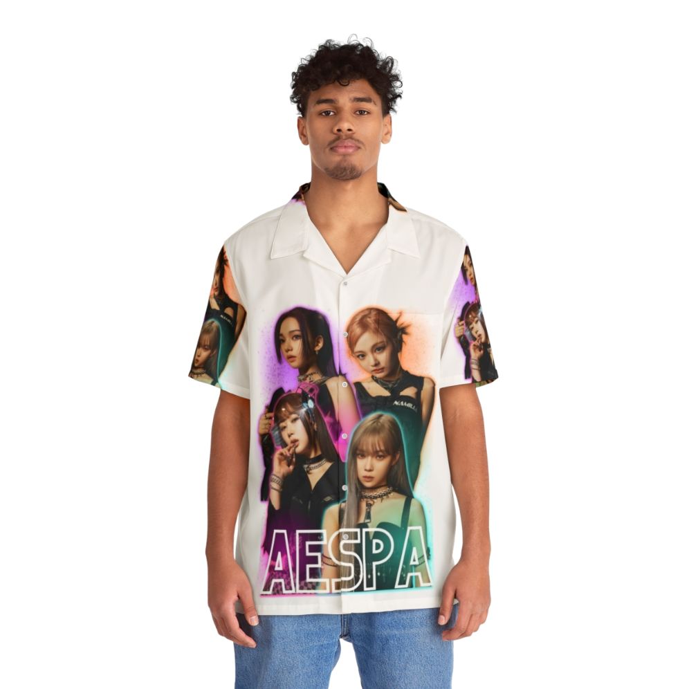 Aespa members in a vibrant, tropical Hawaiian-style shirt - Lifestyle