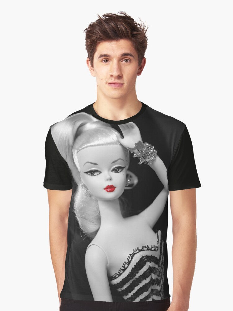 Vintage Silkstone Doll Graphic T-Shirt featuring a black and white image of a classic doll with red lipstick - Men