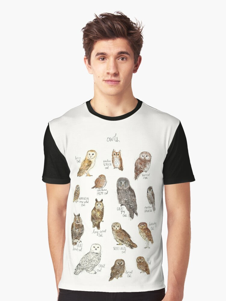 Owls Graphic T-Shirt featuring a colorful illustration of various owl species - Men