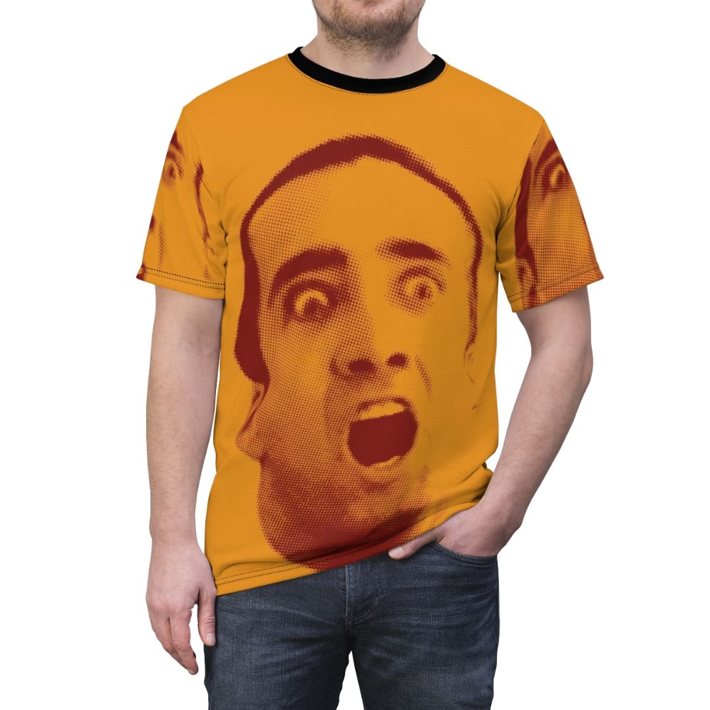 T-shirt featuring a pop art design of Nicolas Cage's iconic face - men front