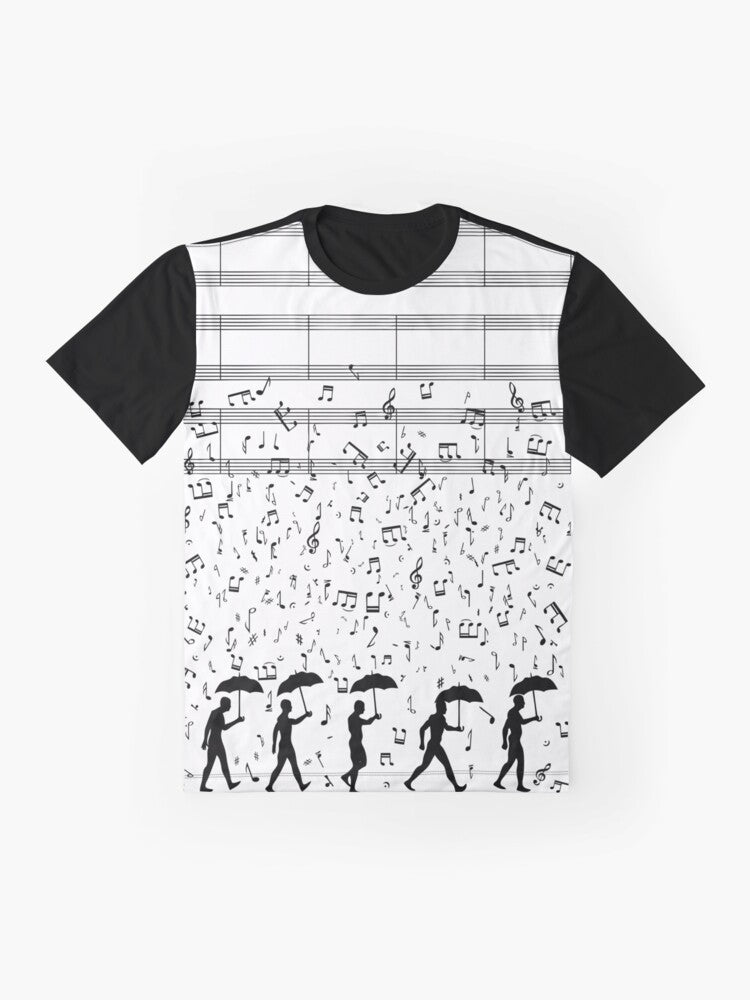 Graphic T-shirt featuring a silhouette of a person singing in the rain, with musical notes and sheets in the background. - Flat lay