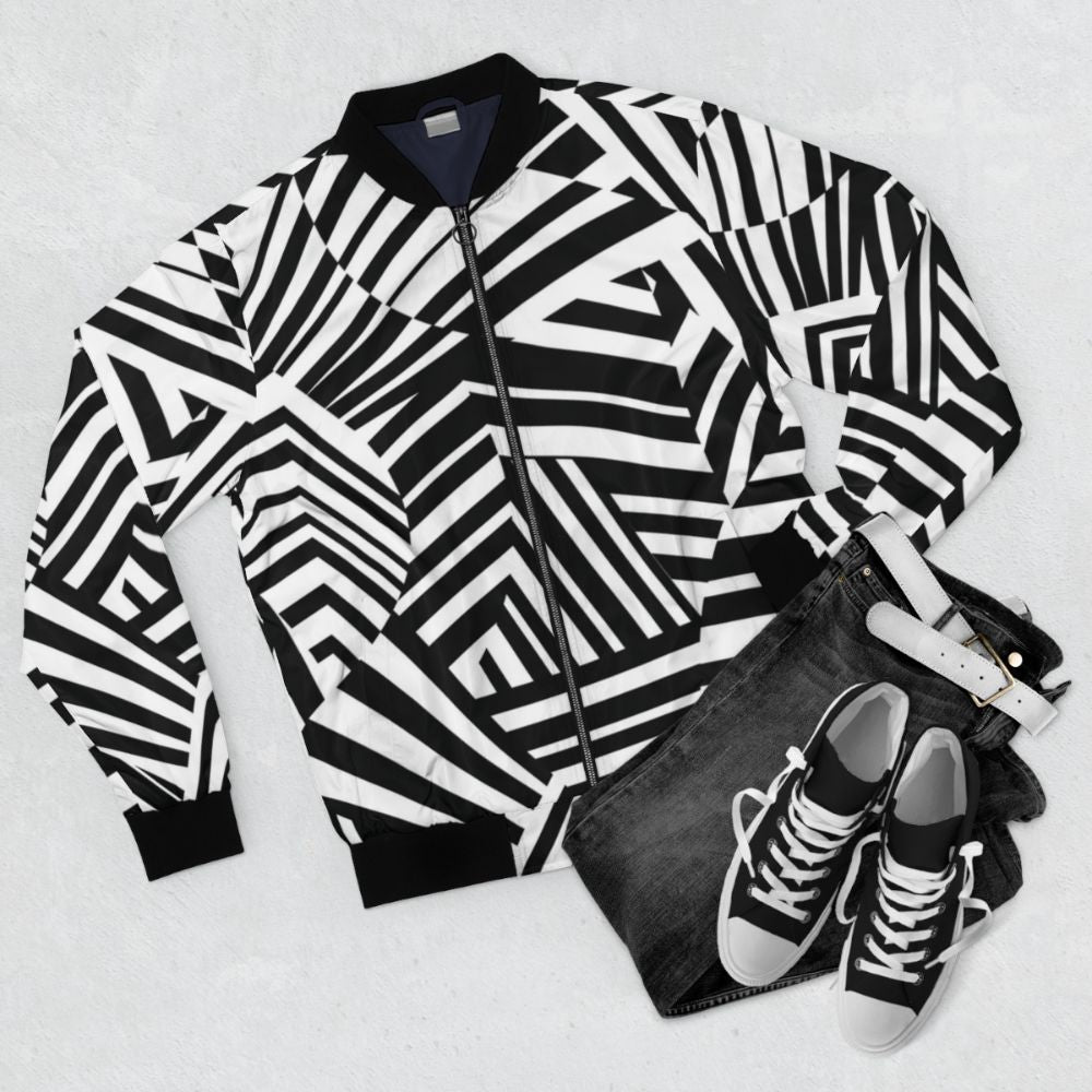 Modern minimalist dazzle camouflage pattern bomber jacket - Flat lay