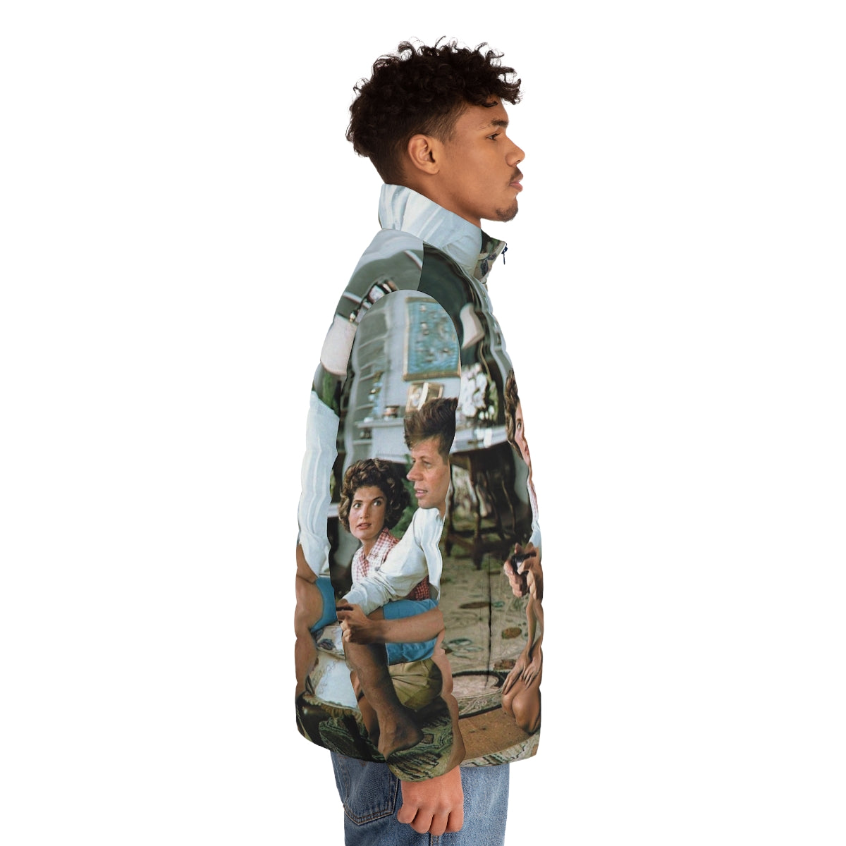 Vintage puffer jacket featuring an image of John F. Kennedy playing a video game console - men side right