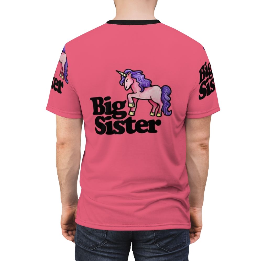 A whimsical t-shirt featuring a cute big sister design with a unicorn and other magical creatures. - men back