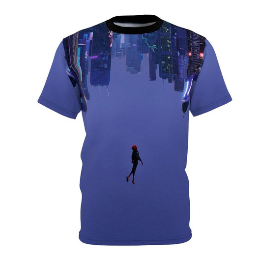 A stylish t-shirt design featuring a spider-verse inspired graphic of a figure jumping through the air with the text 'Not Falling But Rising'.