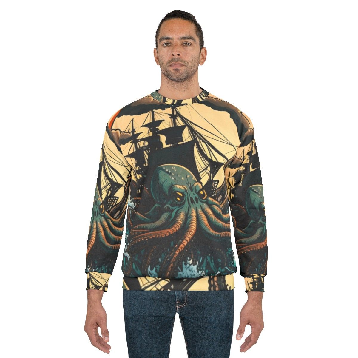 Illustration of various mythical sea creatures on a cozy sweatshirt - men