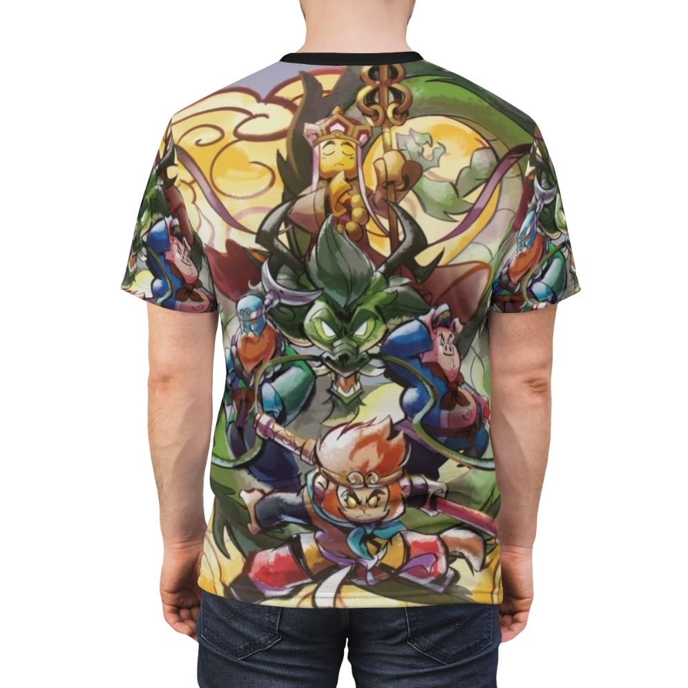 Monkie Kid inspired illustration of Sun Wukong, the Monkey King, on an all-over print custom T-shirt. - men back