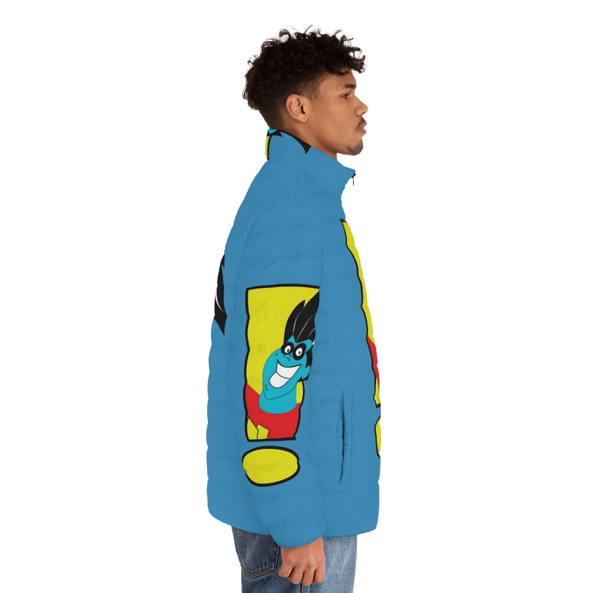 Freakazoid puffer jacket, a nostalgic 90s cartoon superhero design - men side right