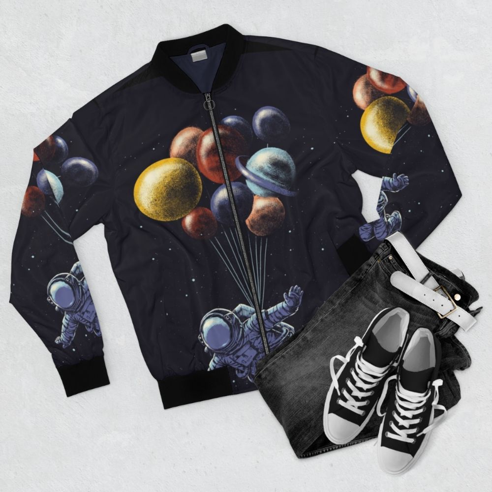 Space Travel Bomber Jacket with Astronomy and Sci-Fi Inspired Designs - Flat lay