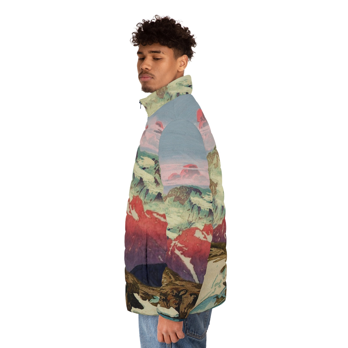 Keiisino Japanese Landscape Puffer Jacket featuring a winter nature scene with mountains, snow, and sunset colors - men side left