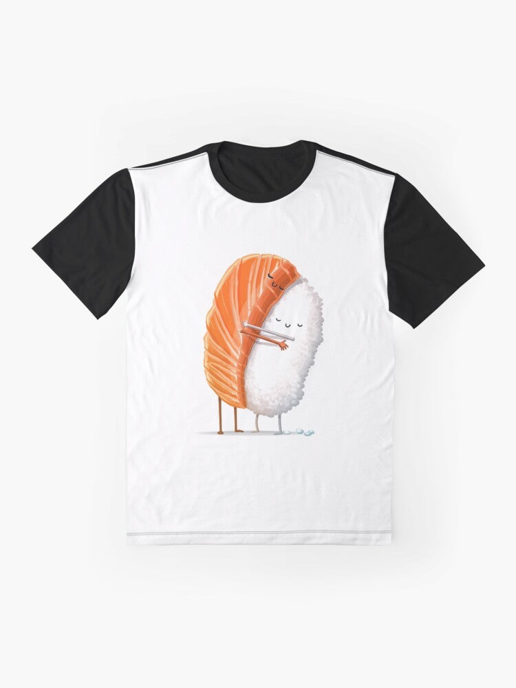 Sushi hug graphic t-shirt with cute design for sushi and anime lovers - Flat lay