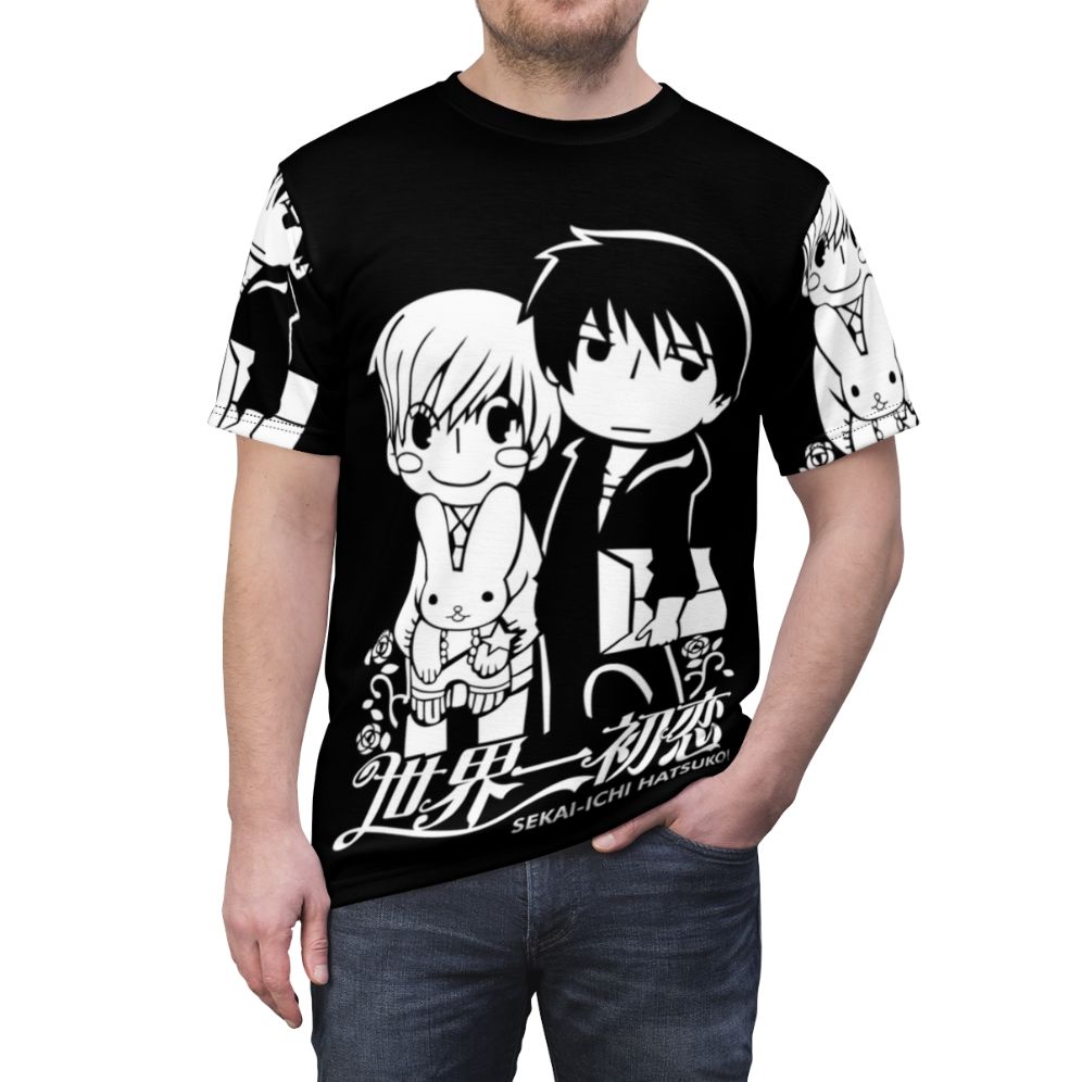 Sekai Ichi Hatsukoi inspired anime t-shirt featuring characters Ritsu Onodera and Masamune Takano - men front