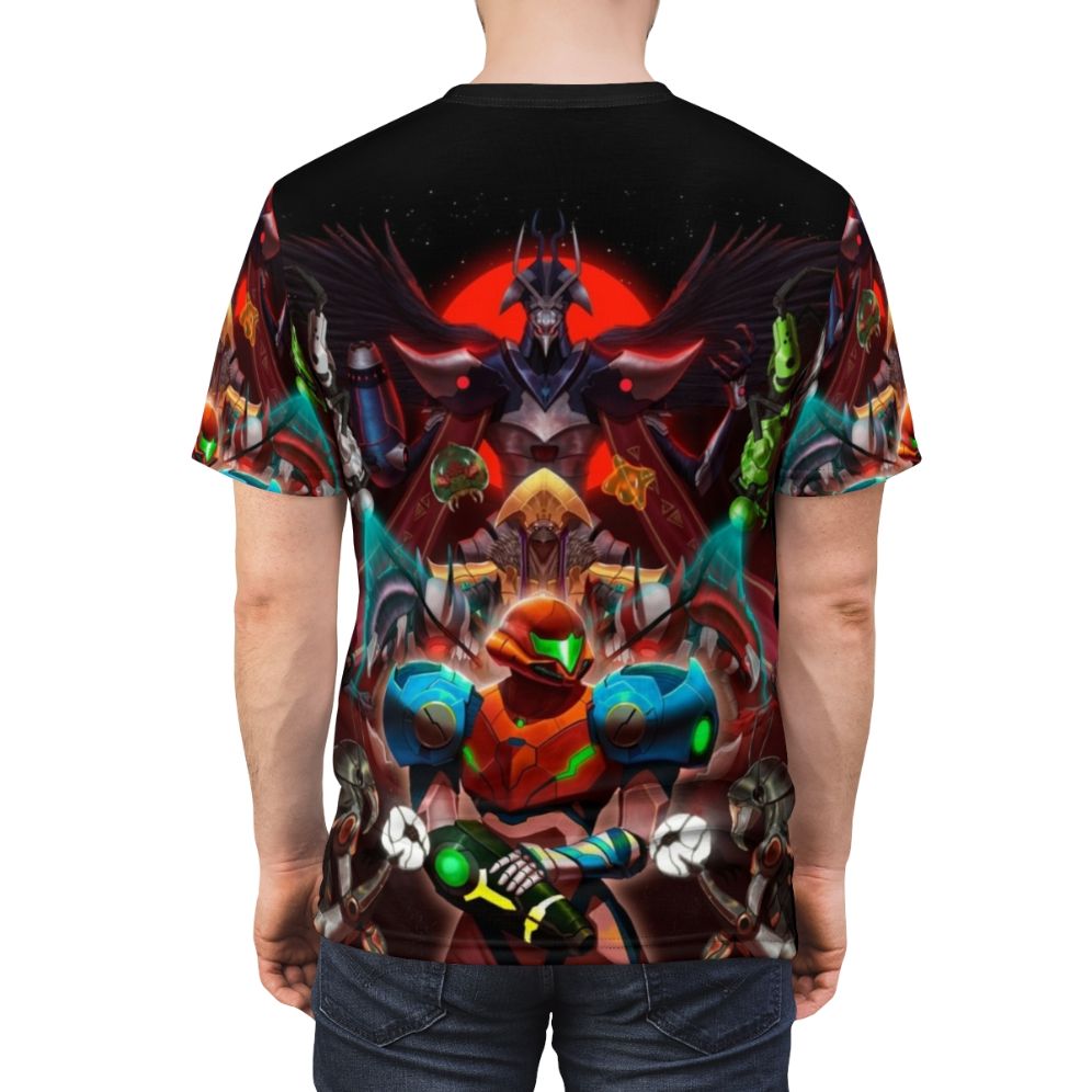 Metroid Dread-inspired artwork printed on a high-quality t-shirt for video game fans - men back