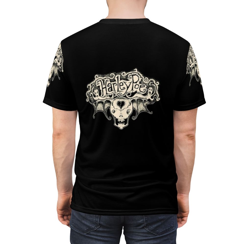 Stylized t-shirt design featuring a scared Harley skull with Poe-inspired wings - men back